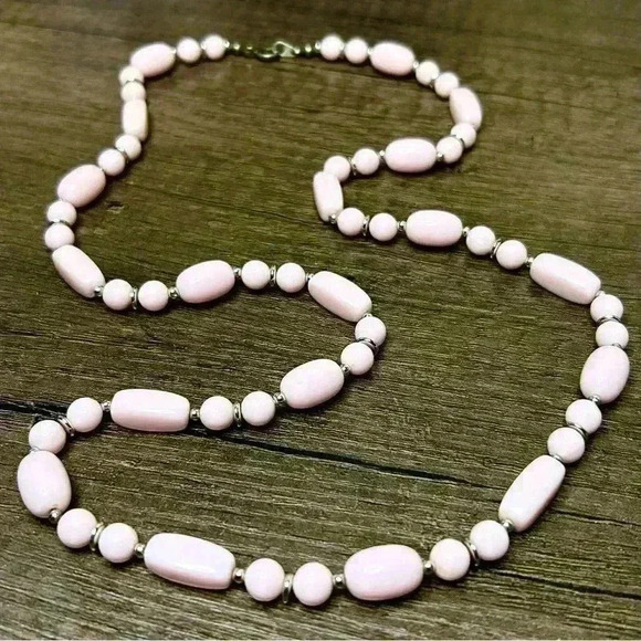 Jewelry - Vintage Pink Milk Glass and Silver Tone Beads Necklace